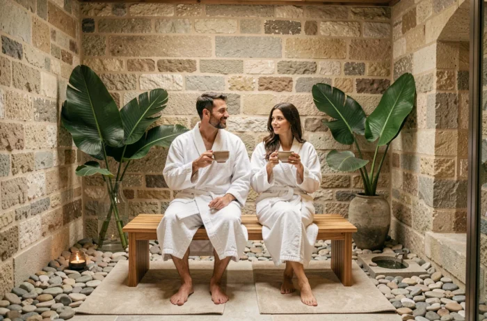 Espace détente d'un spa parisien après une séance de massage naturiste avec des clients en robes blanches savourant une tisane