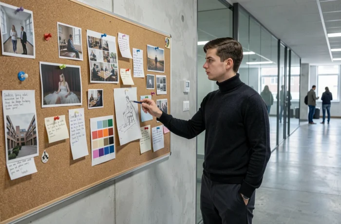 Étudiant préparant son dossier d'admission en école d'art devant un tableau de références visuelles