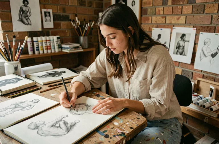 Étudiante en prépa artistique travaillant sur son portfolio de dessin dans un atelier d'art créatif