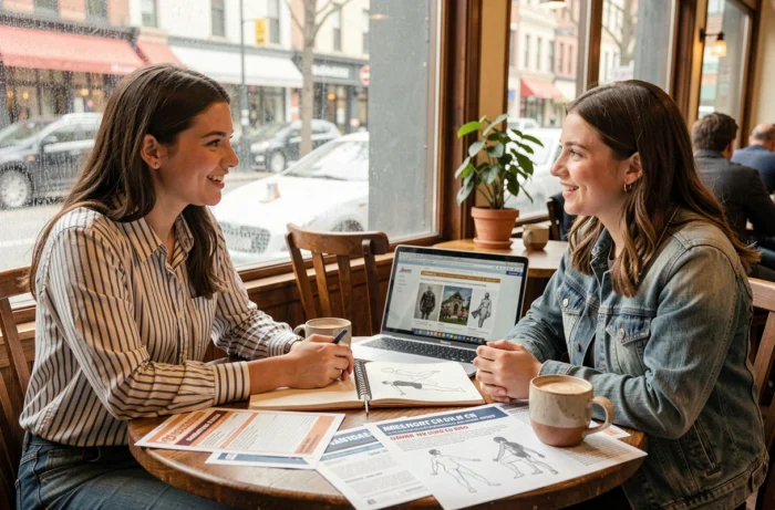 Deux étudiantes discutant des étapes d'admission en prépa artistique autour d'un café avec leurs dossiers