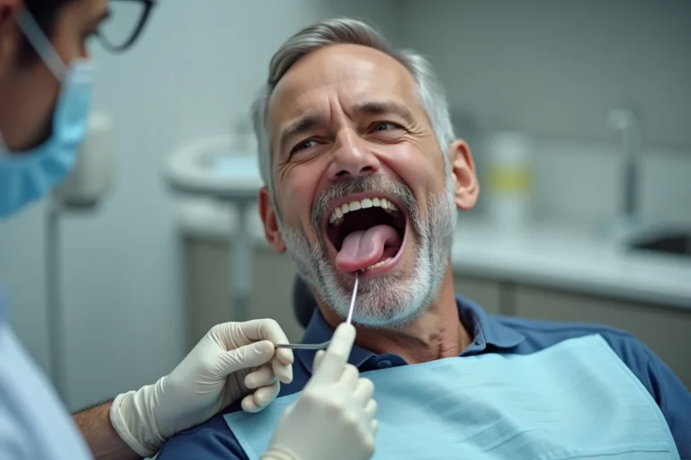 Dentiste examinant la langue d'un patient adulte lors d'un bilan bucco-dentaire pour détecter des lésions suspectes