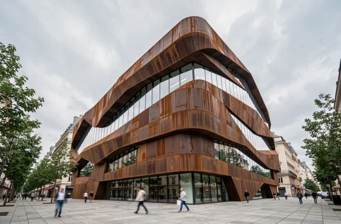 Façade architecturale contemporaine en acier Corten et verre dans un environnement urbain européen en 2024