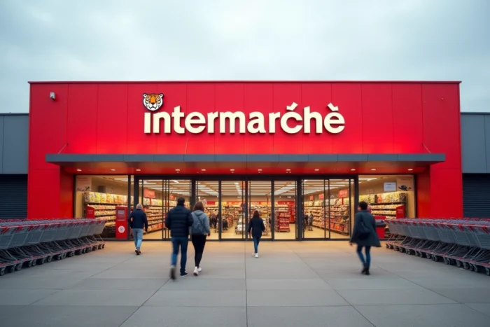 Façade moderne d'un supermarché Intermarché avec logo contemporain et enseigne rouge actuelle