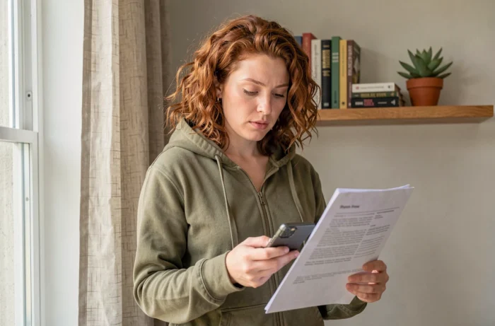 Jeune femme comparant une facture Free Mobile imprimée avec les informations affichées sur son téléphone