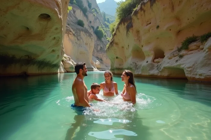 Famille se baignant dans une vasque naturelle aux eaux vertes dans les gorges du Gard près de Nîmes