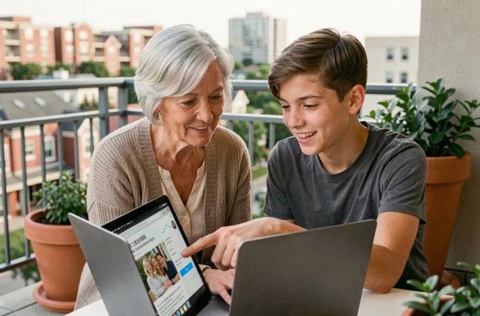 Grand-mère et petit-fils partageant l'actualité numérique sur un ordinateur portable dans un espace extérieur urbain
