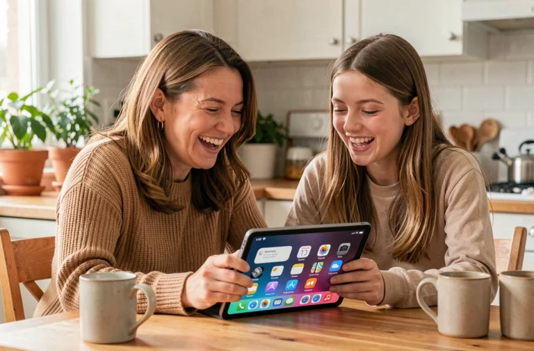 Mère et fille adolescente partageant un moment connecté autour d'une tablette dans une cuisine familiale moderne