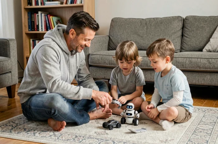 Père et enfants découvrant ensemble des gadgets technologiques familiaux dans un salon chaleureux