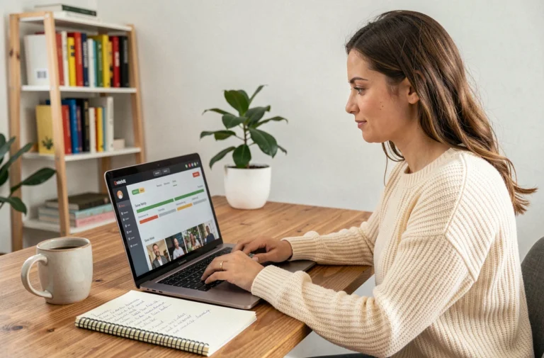 Femme apprenant en ligne sur un ordinateur portable dans un bureau à domicile moderne et chaleureux