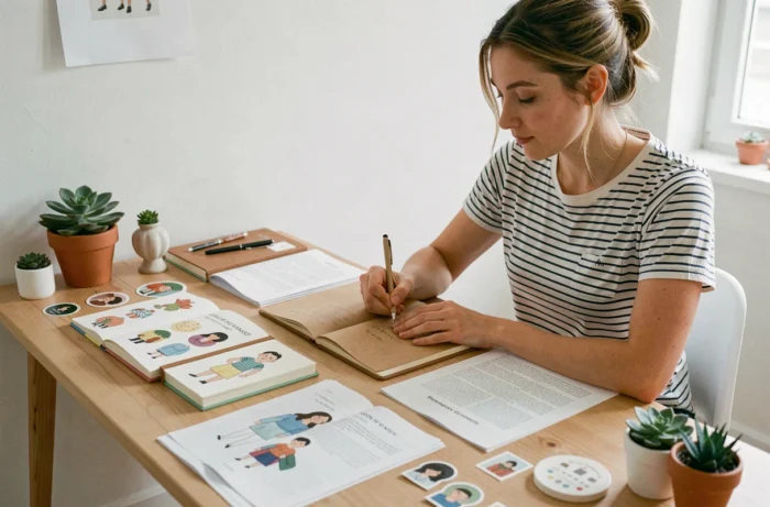 Femme prenant des notes entourée de carnets illustrés et de nouveautés créatives dans un bureau scandinave, univers La Petite Emma