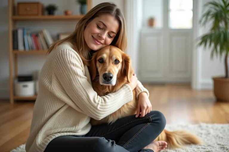 Femme tenant son chien golden retriever dans un salon moderne, illustrant l'importance de l'assurance pour chien