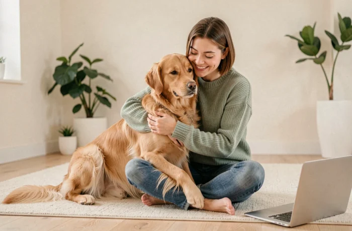 Femme souriante naviguant sur un site web dédié aux animaux de compagnie avec son golden retriever