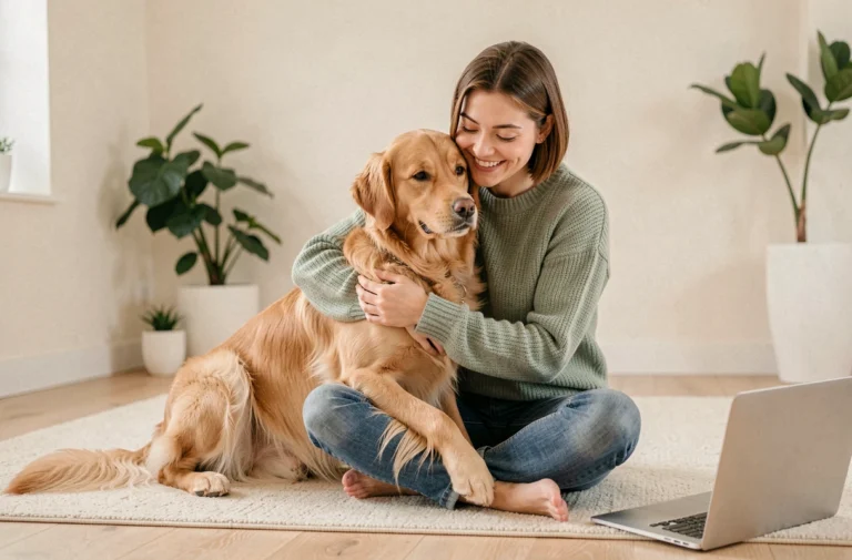 Femme souriante naviguant sur un site web dédié aux animaux de compagnie avec son golden retriever