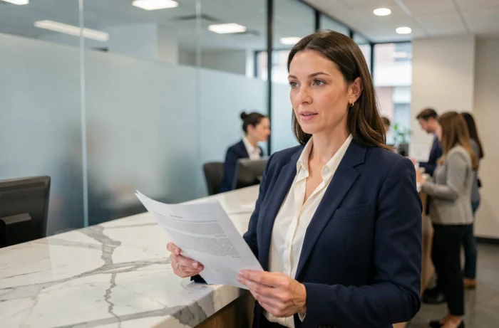 Femme présentant des documents à un conseiller bancaire pour résoudre une suspension de compte Cetelem