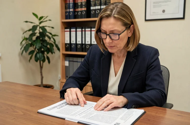 Femme consultant le Journal Officiel pour vérifier la légalité d'une association dans un bureau administratif