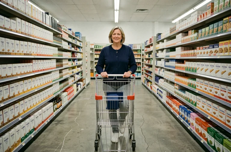 Femme faisant ses courses dans un supermarché discount Aldi avec des rayons bien organisés et des produits à marque propre