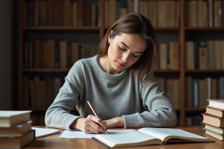 Femme écrivant à la main sur un manuscrit annoté, illustrant l'enrichissement du style d'écriture grâce aux synonymes