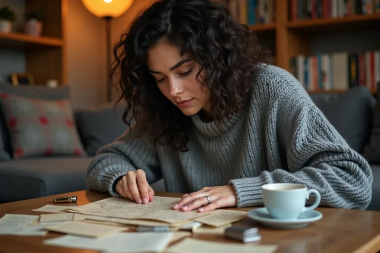 Femme résolvant une énigme d'escape game à domicile avec des indices posés sur une table en bois