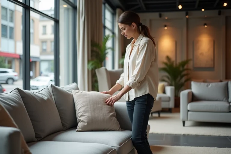 Femme inspectant un canapé en tissu gris dans une boutique Poltronesofa lors des soldes 2026
