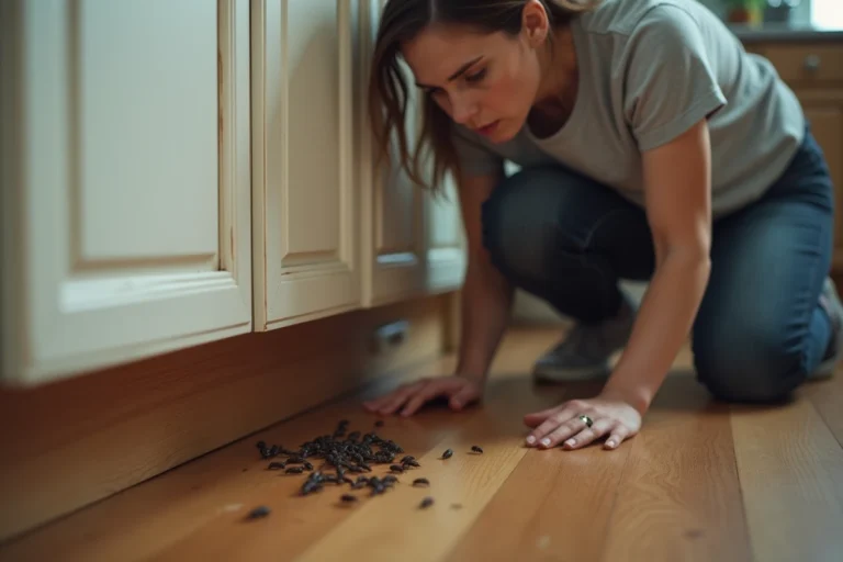 Femme inspectant une invasion de forficules (perce-oreilles) près d'une plinthe de cuisine en bois