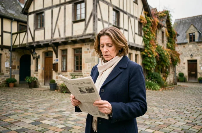 Femme lisant un journal local devant une maison à colombages normande en automne