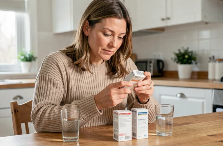 Femme lisant la notice d'un médicament à côté d'un Doliprane et d'un Aerius posés sur une table en bois