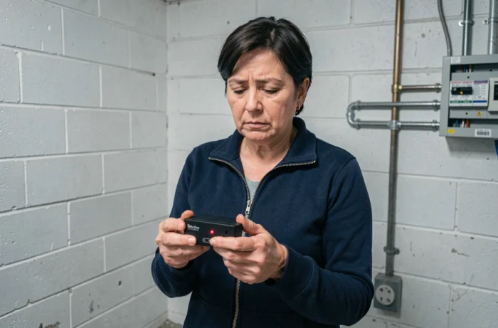 Femme tenant un module Delta Dore avec voyant rouge allumé dans une pièce technique