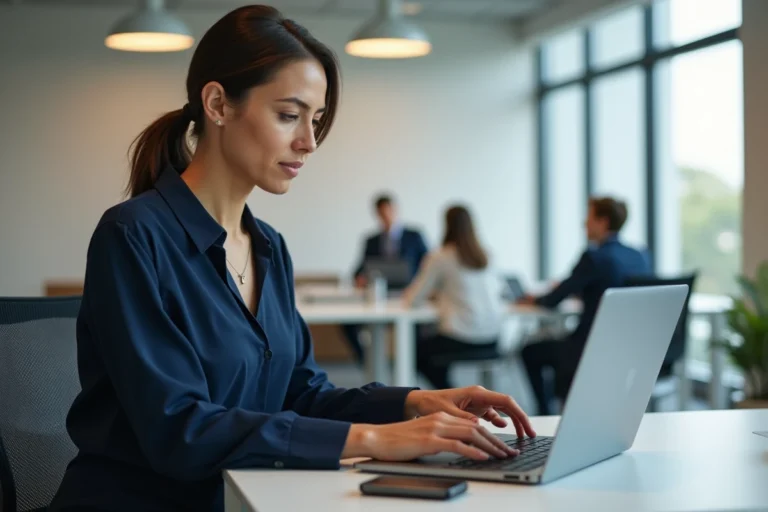 Femme professionnelle effectuant un paiement en ligne sécurisé sur son ordinateur portable dans un bureau moderne