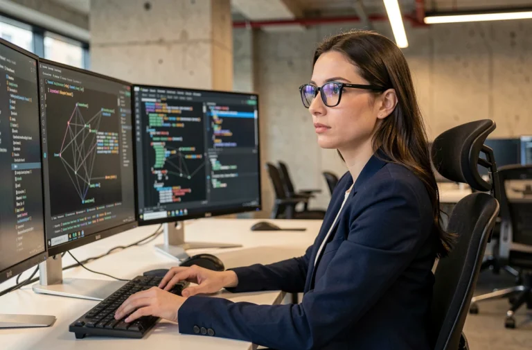 Femme professionnelle en cybersécurité travaillant sur deux écrans avec du code et des schémas réseau dans un bureau moderne