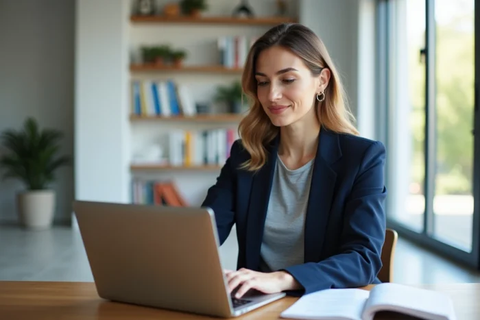 Femme professionnelle consultant une plateforme d'emploi et de formation sur son ordinateur portable dans un bureau moderne