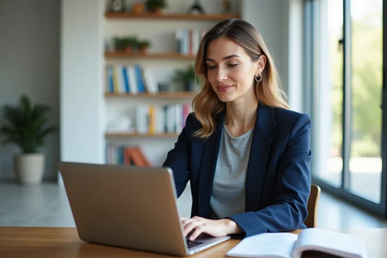 Femme professionnelle consultant une plateforme d'emploi et de formation sur son ordinateur portable dans un bureau moderne