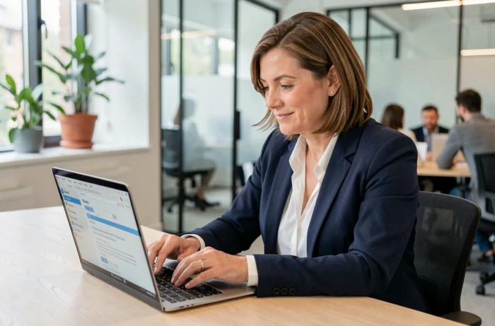 Femme professionnelle rédigeant un message d'annonce de changement d'adresse email sur son ordinateur portable dans un bureau moderne