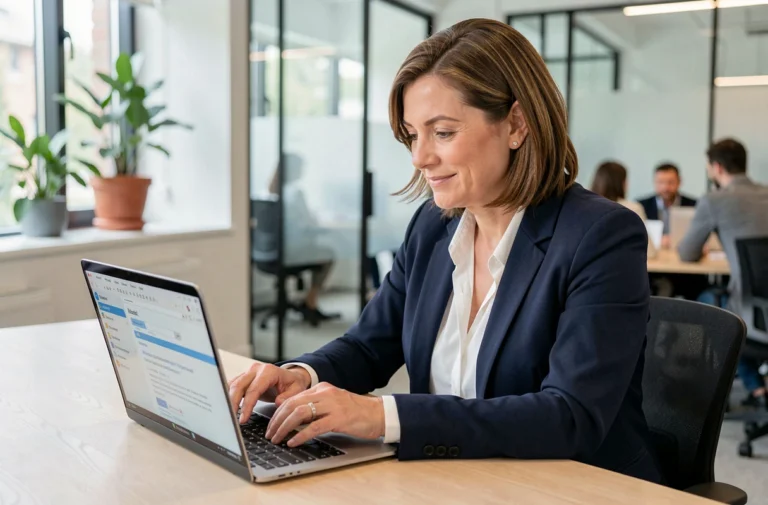 Femme professionnelle rédigeant un message d'annonce de changement d'adresse email sur son ordinateur portable dans un bureau moderne