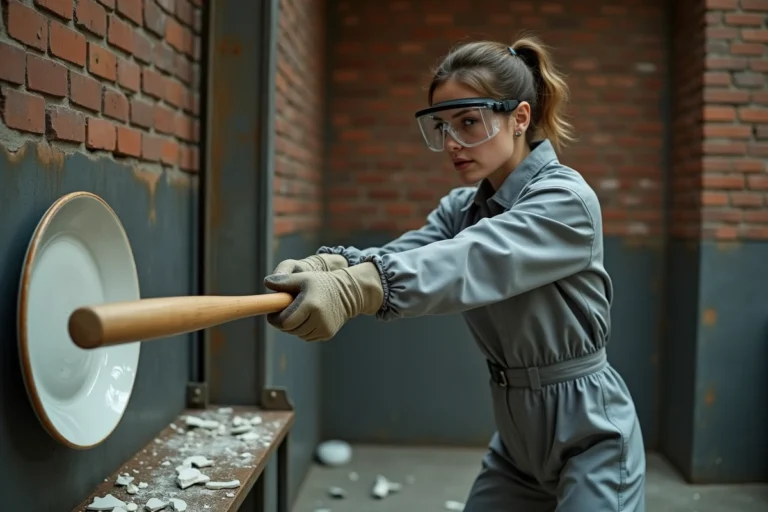 Femme en combinaison de protection dans une rage room à Lyon, frappant une assiette avec une batte de baseball lors d'une session de défoulement
