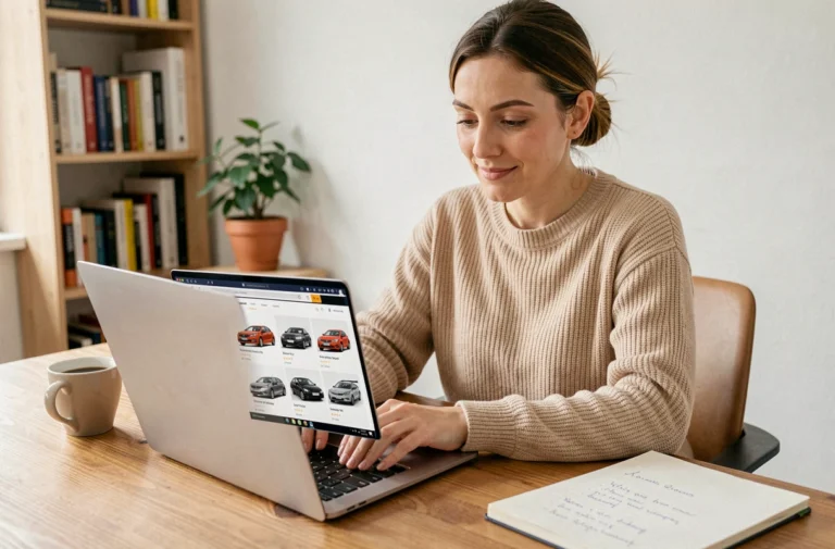 Femme recherchant une voiture d'occasion en ligne sur un laptop depuis son bureau à domicile