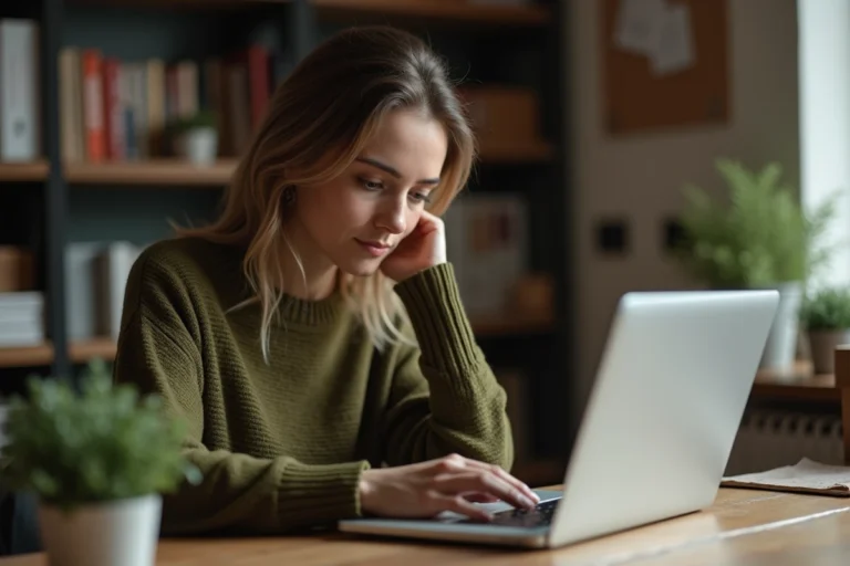 Femme concentrée rédigeant une petite annonce en ligne sur un ordinateur portable dans un bureau à domicile