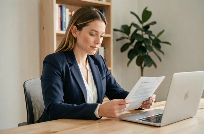 Femme professionnelle révisant son CV dans un bureau à domicile moderne pour trouver un emploi adapté à son profil