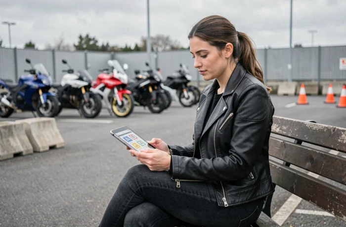 Femme en veste de moto révisant le code sur une tablette dans un centre de formation