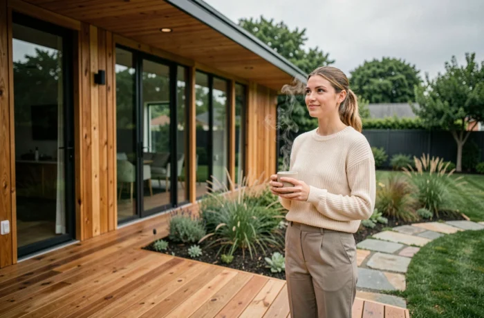 Femme contemplant le jardin de sa nouvelle maison contemporaine depuis la terrasse en bois avec façade en cèdre