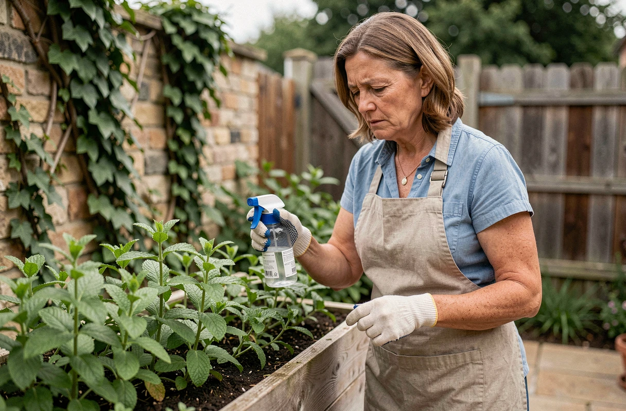 Jardinière inspectant ses plants de menthe et appliquant un traitement préventif contre les taches noires