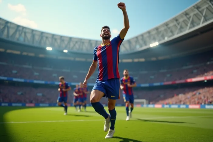 Joueur de football célébrant un but avec émotion sur le terrain devant des milliers de supporters