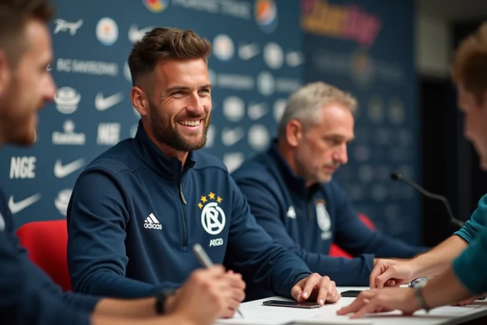 Joueur de football signant des autographes lors d'une conférence de presse entouré de fans admiratifs