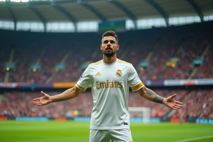 Footballeur professionnel en maillot blanc et or sur pelouse verte devant une tribune remplie de supporters enthousiastes