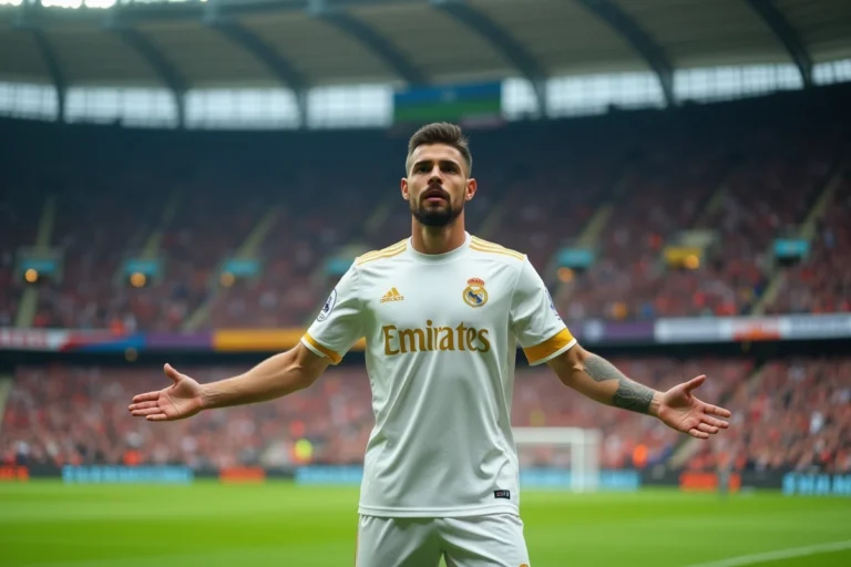 Footballeur professionnel en maillot blanc et or sur pelouse verte devant une tribune remplie de supporters enthousiastes