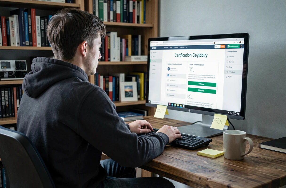 Jeune adulte suivant une formation en cybersécurité en ligne depuis son bureau à domicile avec cours de certification sur écran