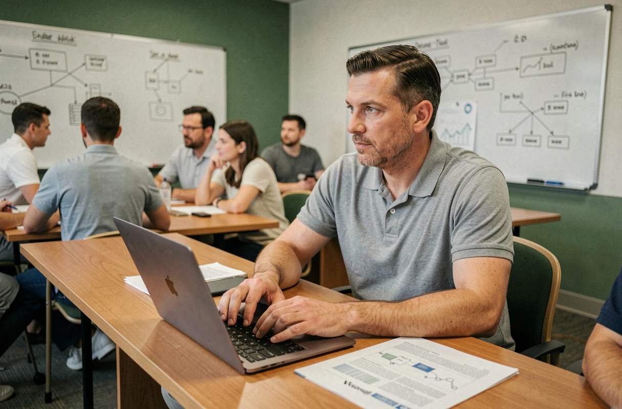 Homme adulte participant à une formation en cybersécurité en présentiel dans une salle de cours moderne avec matériel pédagogique