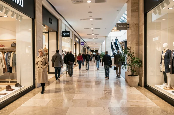 Galerie commerçante du centre Montparnasse avec boutiques et passants