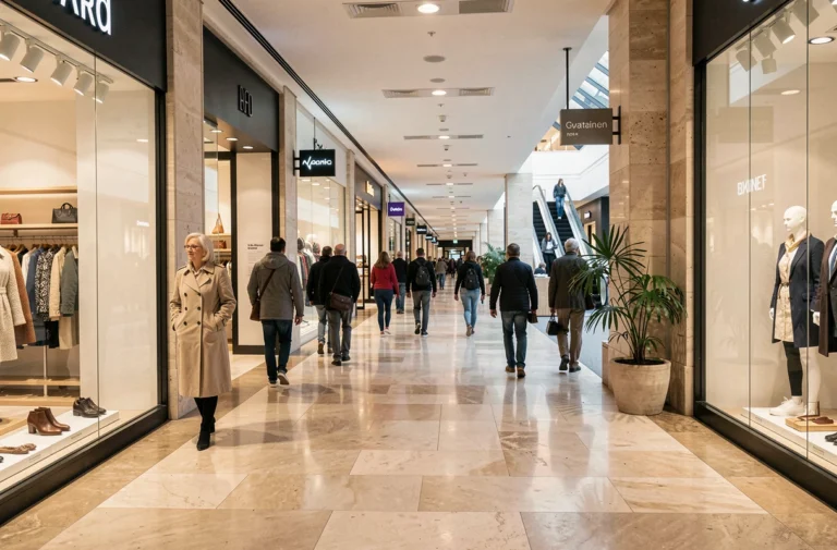 Galerie commerçante du centre Montparnasse avec boutiques et passants