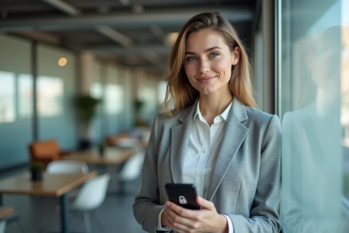 Femme consultant un gestionnaire de mots de passe sur smartphone pour protéger son compte en ligne dans un espace de travail moderne