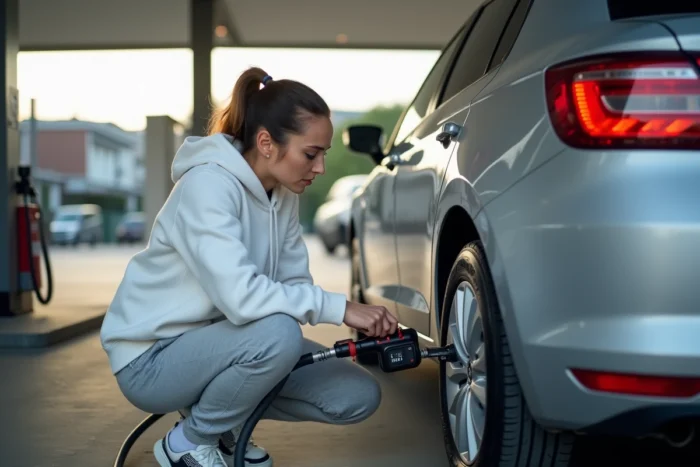 Femme gonflant les pneus de sa Seat Ibiza argentée à la station-service avec un compresseur numérique